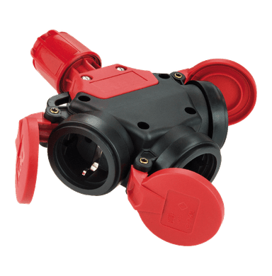 ATLANTIS CEE Series 16Amp. 250V IP44 3Way Adapter Schuko Solid  Rubber Connector with Cap and Locking Ring 50/60Hz
